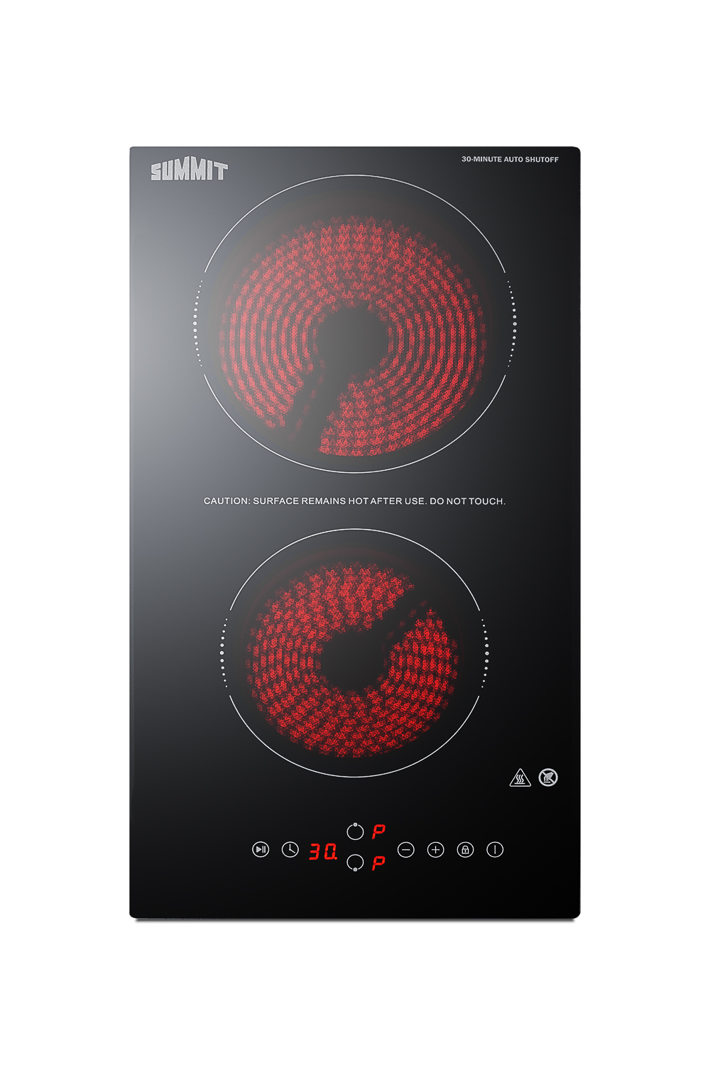 230V Safety First 2-burner cooktop in black ceramic glass with digital touch controls and 30-minute auto shutoff feature, 3000W; NOTE: Image may vary from product